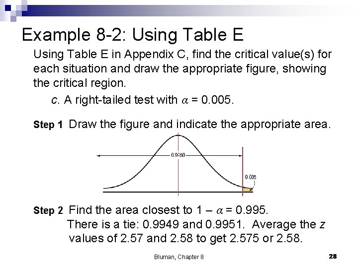 Example 8 -2: Using Table E in Appendix C, find the critical value(s) for Example 8 -2: Using Table E in Appendix C, find the critical value(s) for