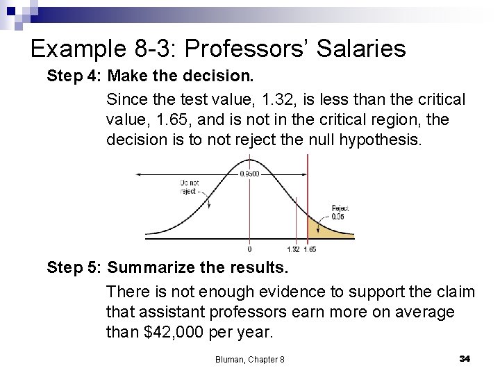 Example 8 -3: Professors’ Salaries Step 4: Make the decision. Since the test value, Example 8 -3: Professors’ Salaries Step 4: Make the decision. Since the test value,