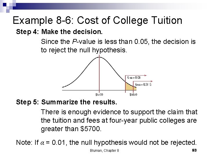 Example 8 -6: Cost of College Tuition Step 4: Make the decision. Since the Example 8 -6: Cost of College Tuition Step 4: Make the decision. Since the