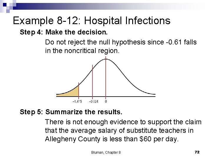 Example 8 -12: Hospital Infections Step 4: Make the decision. Do not reject the Example 8 -12: Hospital Infections Step 4: Make the decision. Do not reject the