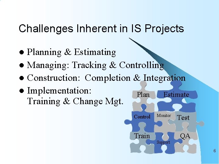 Challenges Inherent in IS Projects Planning & Estimating l Managing: Tracking & Controlling l