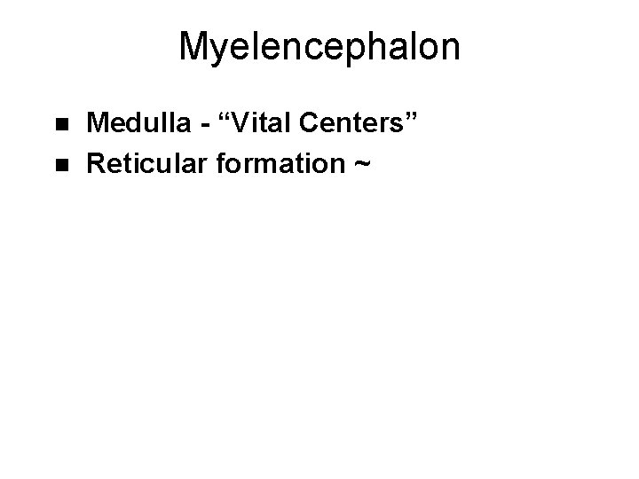 Myelencephalon n n Medulla - “Vital Centers” Reticular formation ~ 
