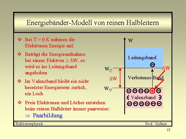 Energiebänder-Modell von reinen Halbleitern v Bei T > 0 K nehmen die Elektronen Energie