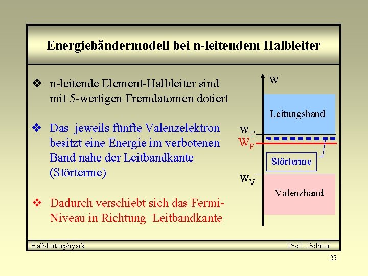 Energiebändermodell bei n-leitendem Halbleiter W v n-leitende Element-Halbleiter sind mit 5 -wertigen Fremdatomen dotiert