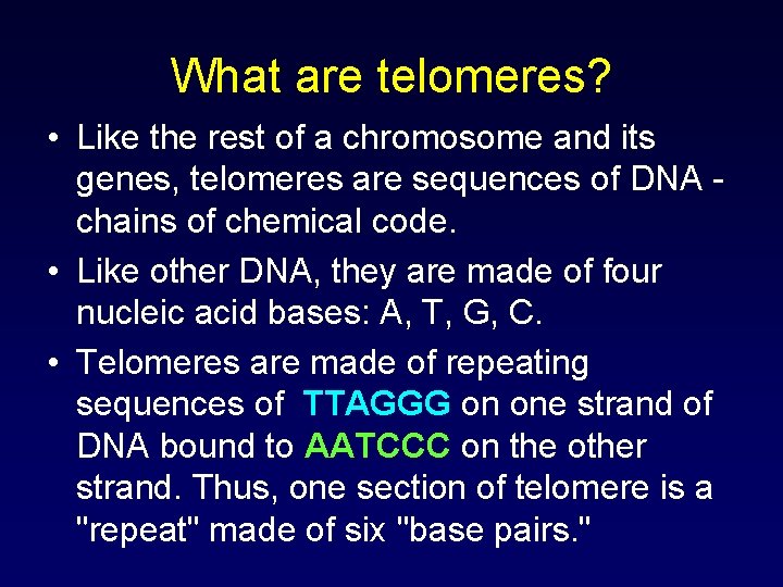 What are telomeres? • Like the rest of a chromosome and its genes, telomeres