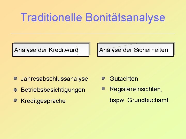 Traditionelle Bonitätsanalyse Analyse der Kreditwürd. Analyse der Sicherheiten Jahresabschlussanalyse Gutachten Betriebsbesichtigungen Registereinsichten, Kreditgespräche bspw.