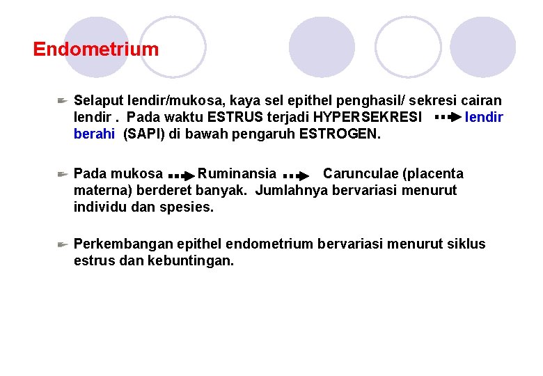 Endometrium Selaput lendir/mukosa, kaya sel epithel penghasil/ sekresi cairan lendir. Pada waktu ESTRUS terjadi