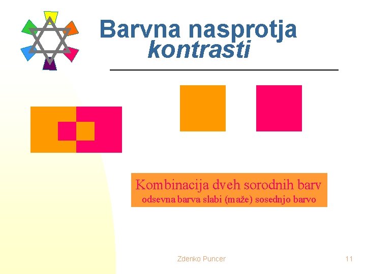 Barvna nasprotja kontrasti Kombinacija dveh sorodnih barv odsevna barva slabi (maže) sosednjo barvo Zdenko