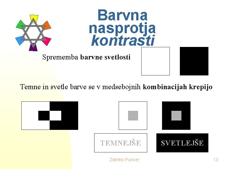 Barvna nasprotja kontrasti Sprememba barvne svetlosti Temne in svetle barve se v medsebojnih kombinacijah