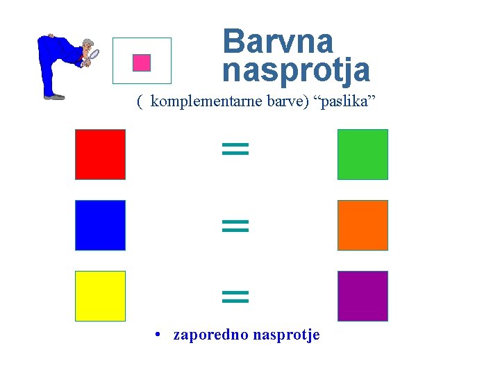 Barvna nasprotja ( komplementarne barve) “paslika” = = = • zaporedno nasprotje 