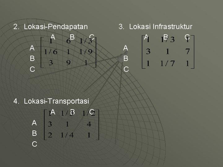 2. Lokasi-Pendapatan A B C 4. Lokasi-Transportasi A B C 3. Lokasi Infrastruktur A