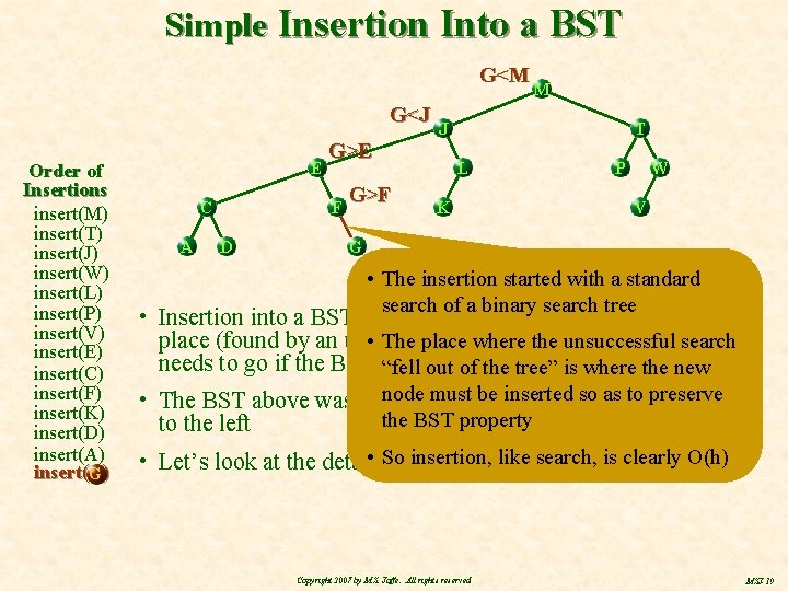 Simple Insertion Into a BST G<M G<J Order of Insertions insert(M) insert(T) insert(J) insert(W)