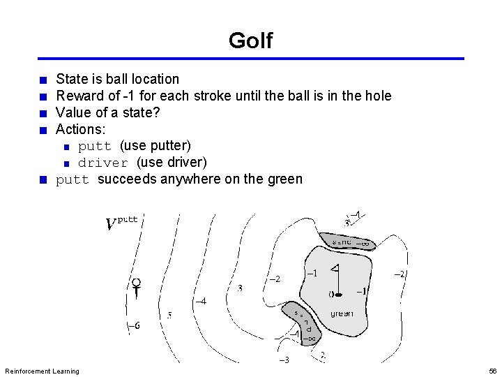 Golf State is ball location Reward of -1 for each stroke until the ball