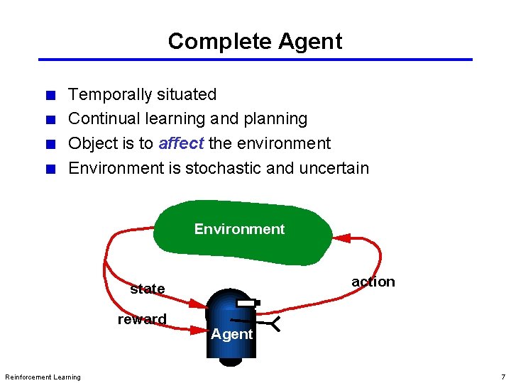 Complete Agent Temporally situated Continual learning and planning Object is to affect the environment