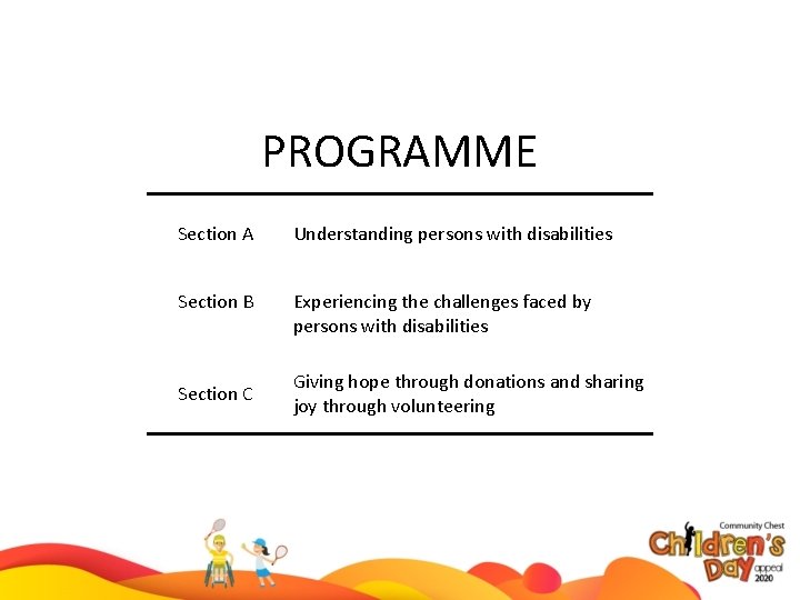 PROGRAMME Section A Understanding persons with disabilities Section B Experiencing the challenges faced by