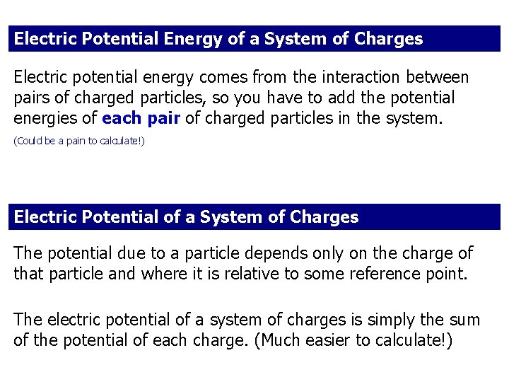 Electric Potential Energy of a System of Charges Electric potential energy comes from the