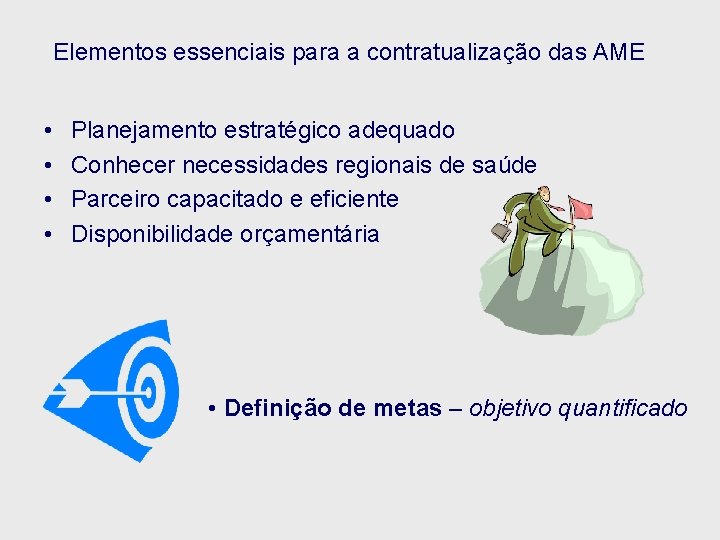 Elementos essenciais para a contratualização das AME • • Planejamento estratégico adequado Conhecer necessidades