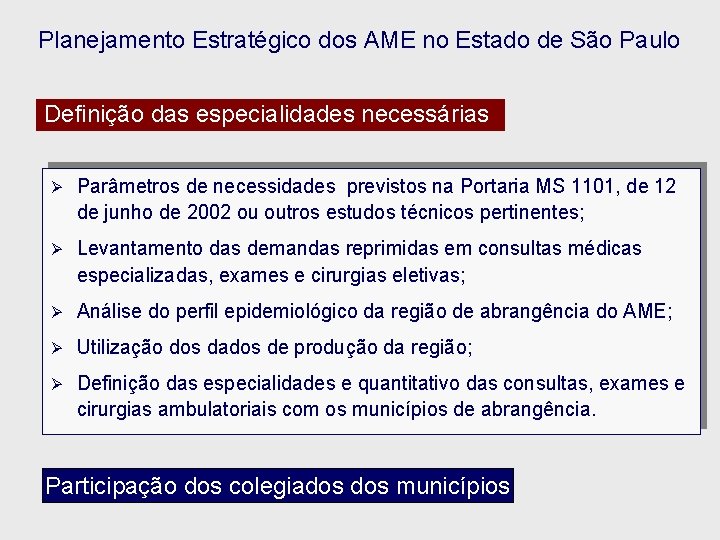 Planejamento Estratégico dos AME no Estado de São Paulo Definição das especialidades necessárias Ø