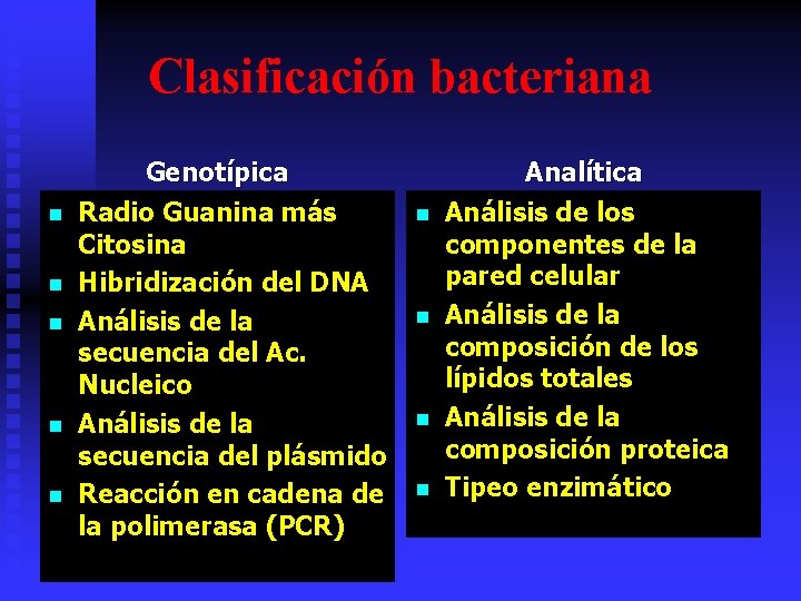 Clasificación bacteriana n n n Genotípica Radio Guanina más Citosina Hibridización del DNA Análisis