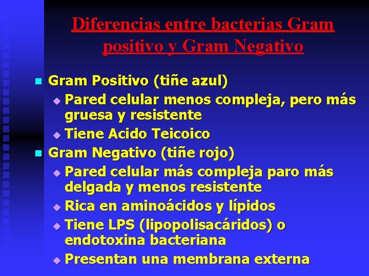 Diferencias entre bacterias Gram positivo y Gram Negativo n n Gram Positivo (tiñe azul)