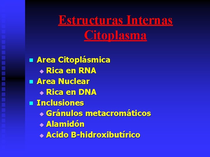 Estructuras Internas Citoplasma n n n Area Citoplásmica u Rica en RNA Area Nuclear
