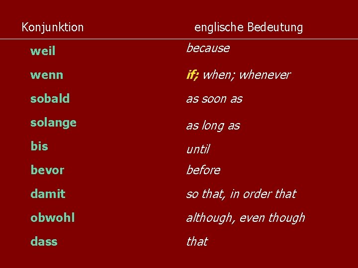 Konjunktion englische Bedeutung weil because wenn if; whenever sobald as soon as solange as