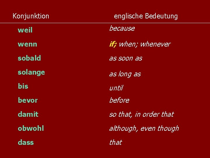 Konjunktion englische Bedeutung weil because wenn if; whenever sobald as soon as solange as Konjunktion englische Bedeutung weil because wenn if; whenever sobald as soon as solange as