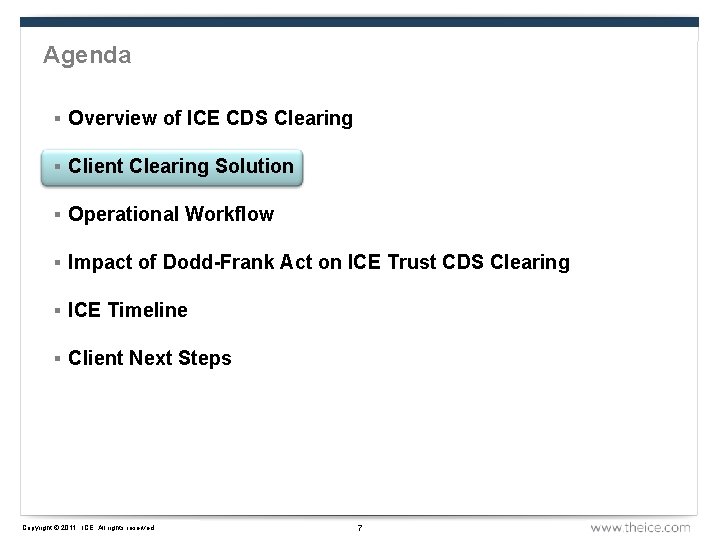 Agenda § Overview of ICE CDS Clearing § Client Clearing Solution § Operational Workflow