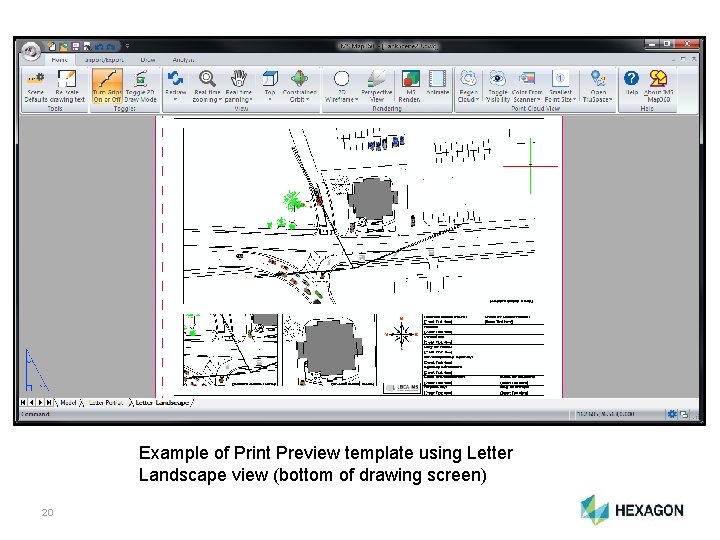 Example of Print Preview template using Letter Finished Exhibit Landscape view (bottom of drawing