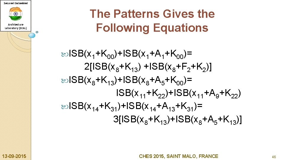 Secured Embedded Architecture Laboratory (SEAL) The Patterns Gives the Following Equations ISB(x 1+K 00)+ISB(x