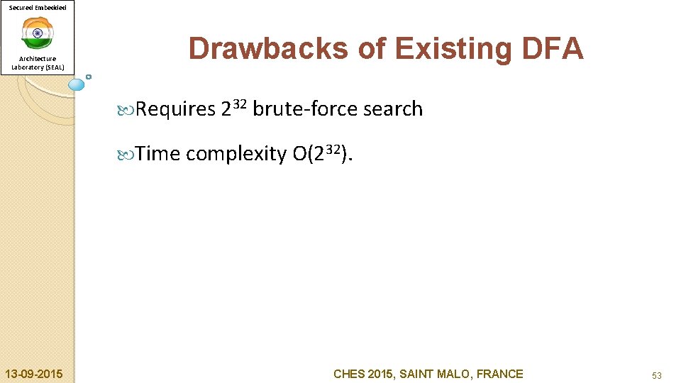 Secured Embedded Architecture Laboratory (SEAL) Drawbacks of Existing DFA Requires 232 brute-force search Time