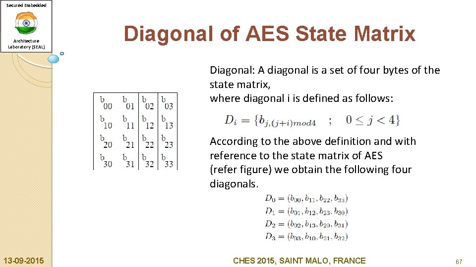 Secured Embedded Architecture Laboratory (SEAL) Diagonal of AES State Matrix Diagonal: A diagonal is
