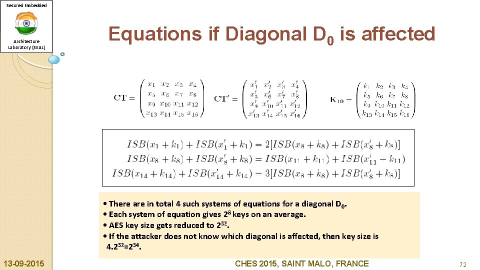 Secured Embedded Architecture Laboratory (SEAL) Equations if Diagonal D 0 is affected • There