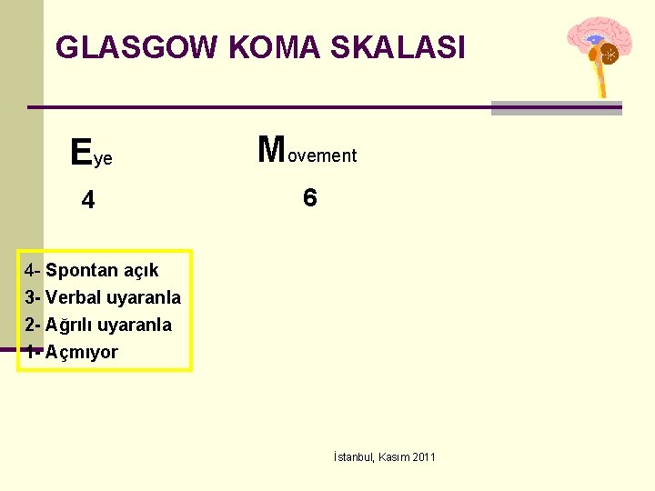 GLASGOW KOMA SKALASI Eye Movement 4 6 4 - Spontan açık 3 - Verbal