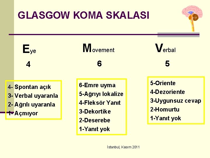 GLASGOW KOMA SKALASI Eye Movement Verbal 4 6 5 4 - Spontan açık 3