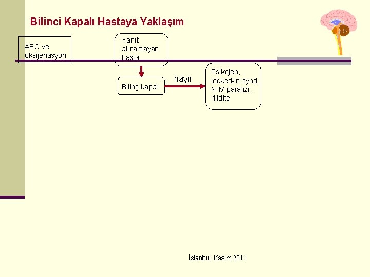 Bilinci Kapalı Hastaya Yaklaşım ABC ve oksijenasyon Yanıt alınamayan hasta Bilinç kapalı hayır Psikojen,