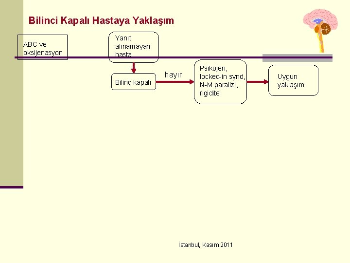 Bilinci Kapalı Hastaya Yaklaşım ABC ve oksijenasyon Yanıt alınamayan hasta Bilinç kapalı hayır Psikojen,