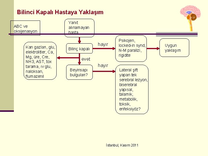 Bilinci Kapalı Hastaya Yaklaşım ABC ve oksijenasyon Kan gazları, glu, elektrolitler, Ca, Mg, üre,