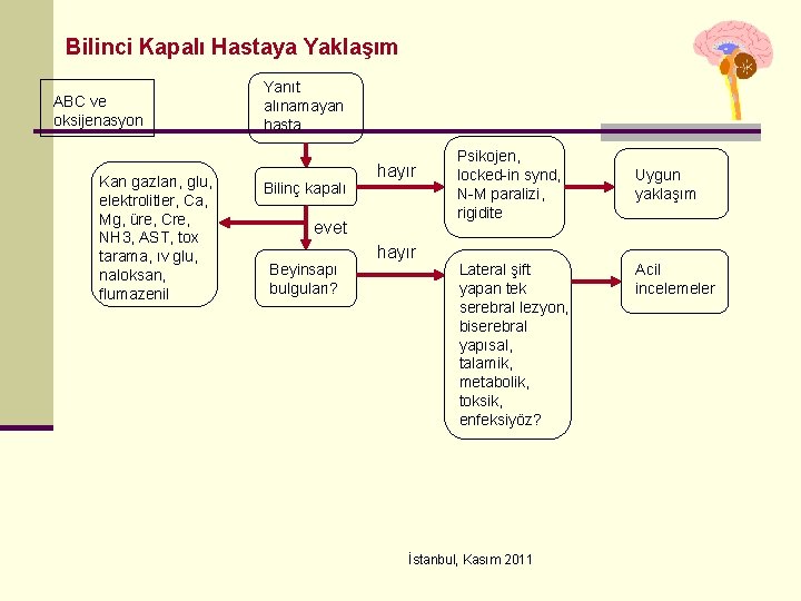 Bilinci Kapalı Hastaya Yaklaşım ABC ve oksijenasyon Kan gazları, glu, elektrolitler, Ca, Mg, üre,