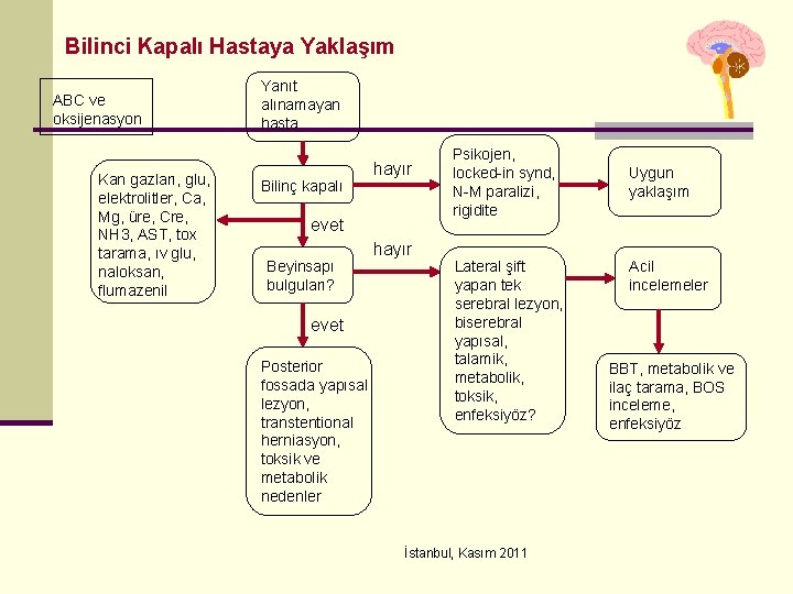 Bilinci Kapalı Hastaya Yaklaşım ABC ve oksijenasyon Kan gazları, glu, elektrolitler, Ca, Mg, üre,