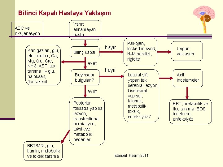 Bilinci Kapalı Hastaya Yaklaşım ABC ve oksijenasyon Kan gazları, glu, elektrolitler, Ca, Mg, üre,