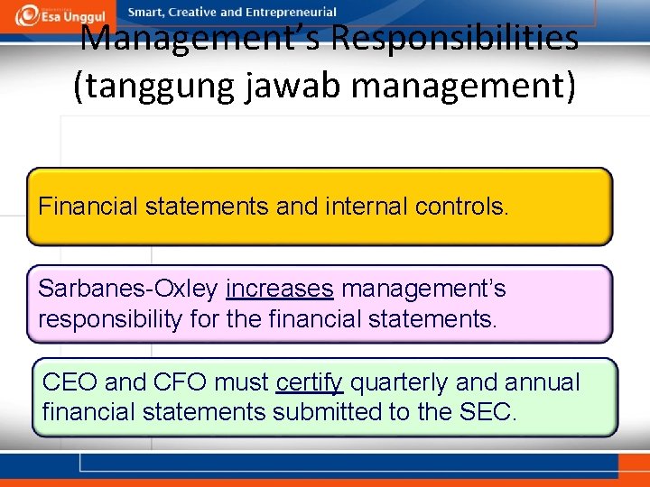 Management’s Responsibilities (tanggung jawab management) Financial statements and internal controls. Sarbanes-Oxley increases management’s responsibility