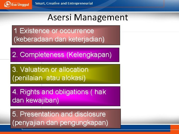 Asersi Management 1 Existence or occurrence (keberadaan dan keterjadian) 2. Completeness (Kelengkapan) 3. Valuation