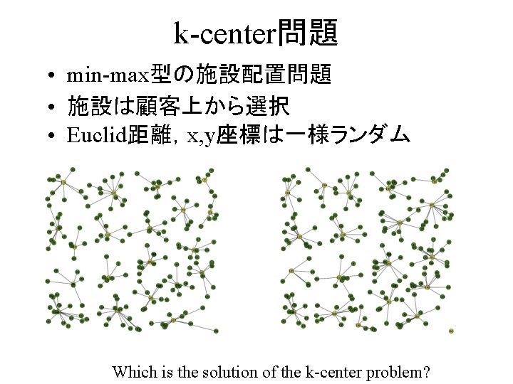 k-center問題 • min-max型の施設配置問題 • 施設は顧客上から選択 • Euclid距離，x, y座標は一様ランダム Which is the solution of the