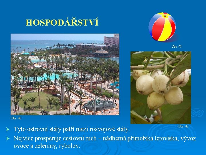 HOSPODÁŘSTVÍ Obr. 41 Obr. 40 Obr. 42 Tyto ostrovní státy patří mezi rozvojové státy.