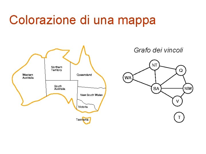 Colorazione di una mappa Grafo Variabili: WA, dei NT, vincoli SA, Q, NSW, V,