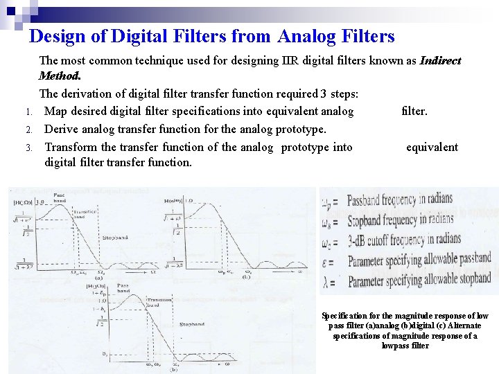 Design of Digital Filters from Analog Filters 1. 2. 3. The most common technique