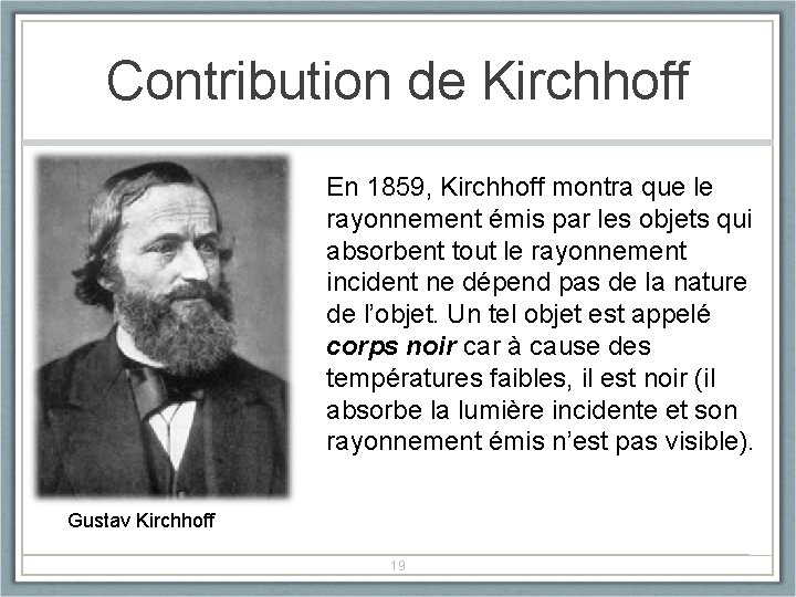 Contribution de Kirchhoff En 1859, Kirchhoff montra que le rayonnement émis par les objets
