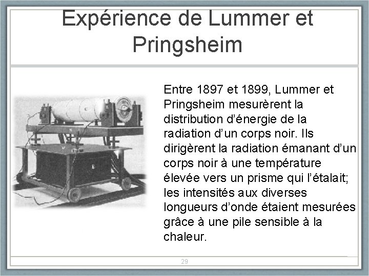 Expérience de Lummer et Pringsheim Entre 1897 et 1899, Lummer et Pringsheim mesurèrent la