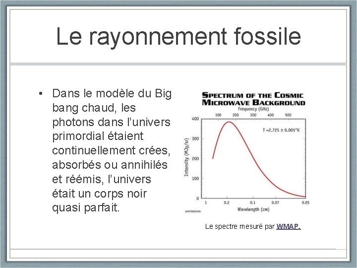 Le rayonnement fossile • Dans le modèle du Big bang chaud, les photons dans